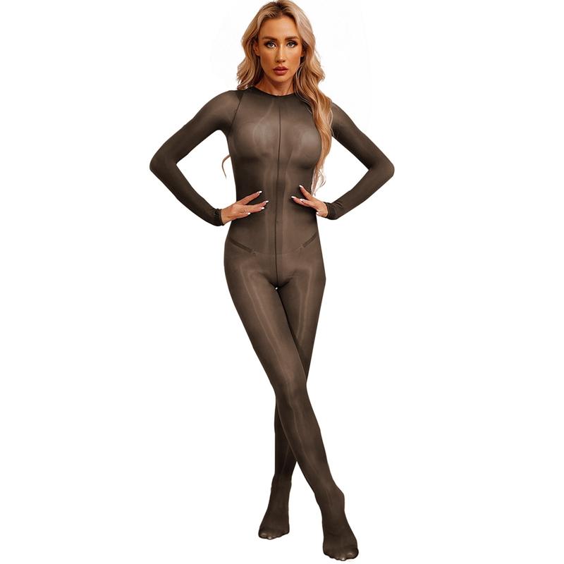 Womens Glossy Unitard See-through Stretchy Bodystocking Long Sleeve Bodysuit Valentines Day Nightwear