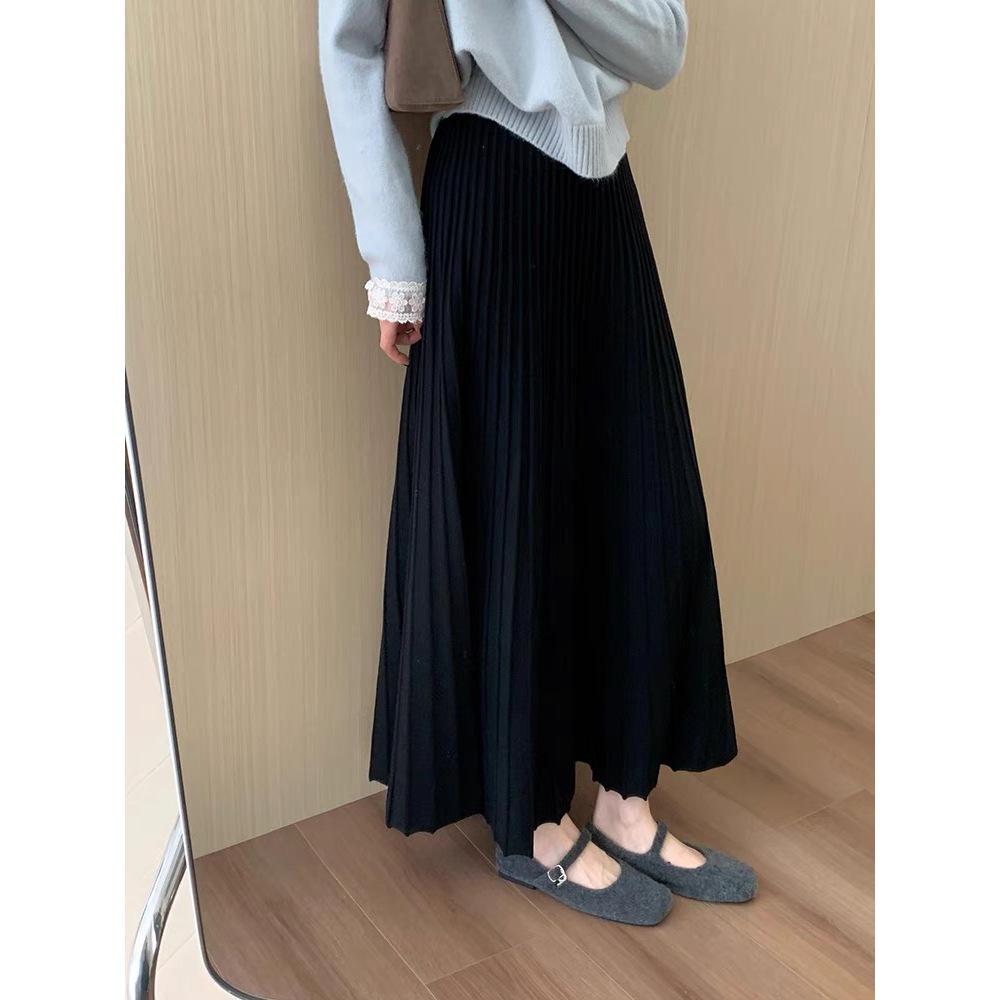 Women's High-Waisted Pleated Faux Cashmere Midi Skirt - Slimming A-Line, Thickened for Spring/Autumn 2026