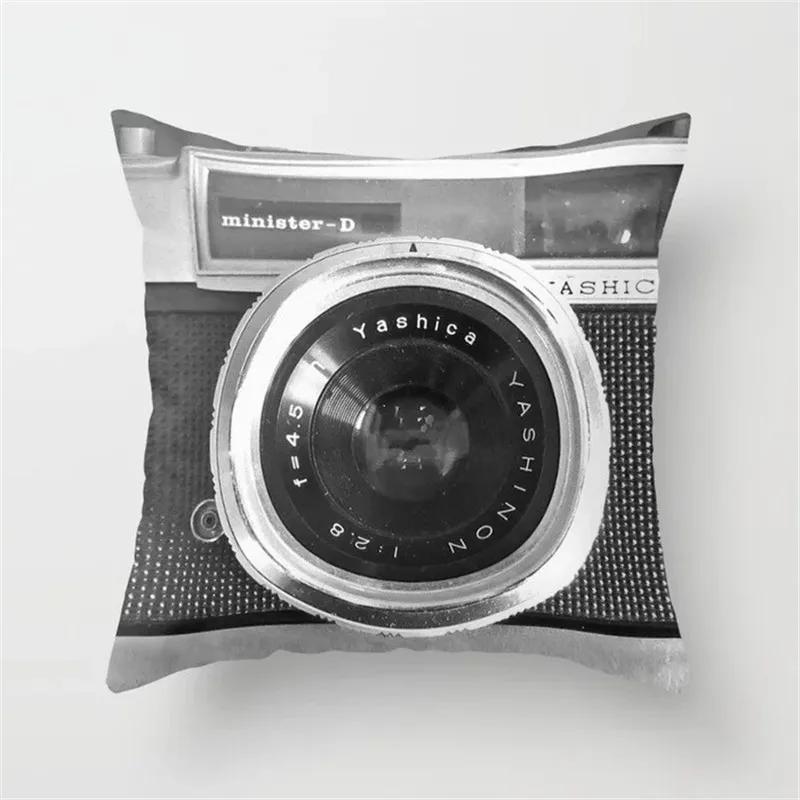 Vintage Black Camera Bicycle Print Car Cushion Cover Pillowcase Home Sofa Chair Decoration