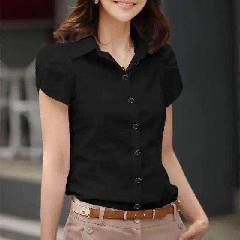 Women's Shirt Summer Women Top Female Black White Shirts Office Ladies Blouse OL Clothes Woman Short Sleeve Workwear