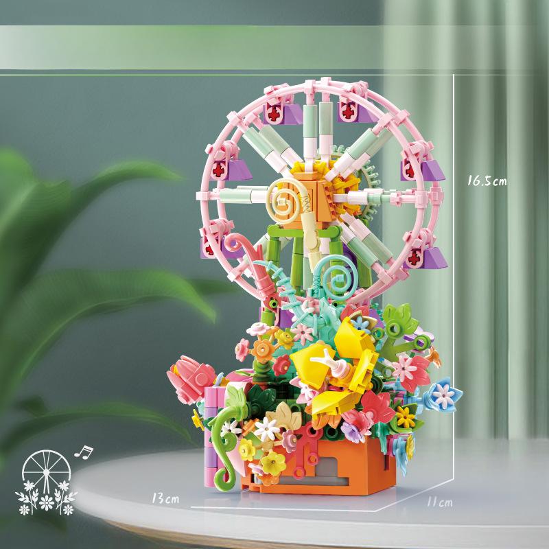 Girl Series Colorful Paradise Ferris Wheel Music Box Girl Assembled Building Blocks Toy Gift No Box