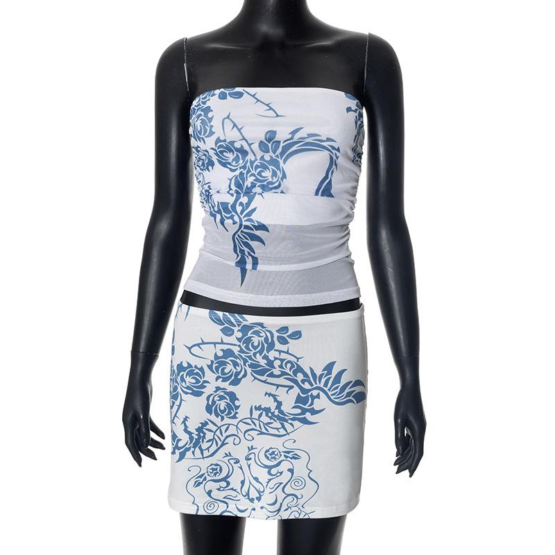 Women's Summer New Style Elegant Print Stitching Gauze Mesh with Breast Slim Skirt Suit 2025