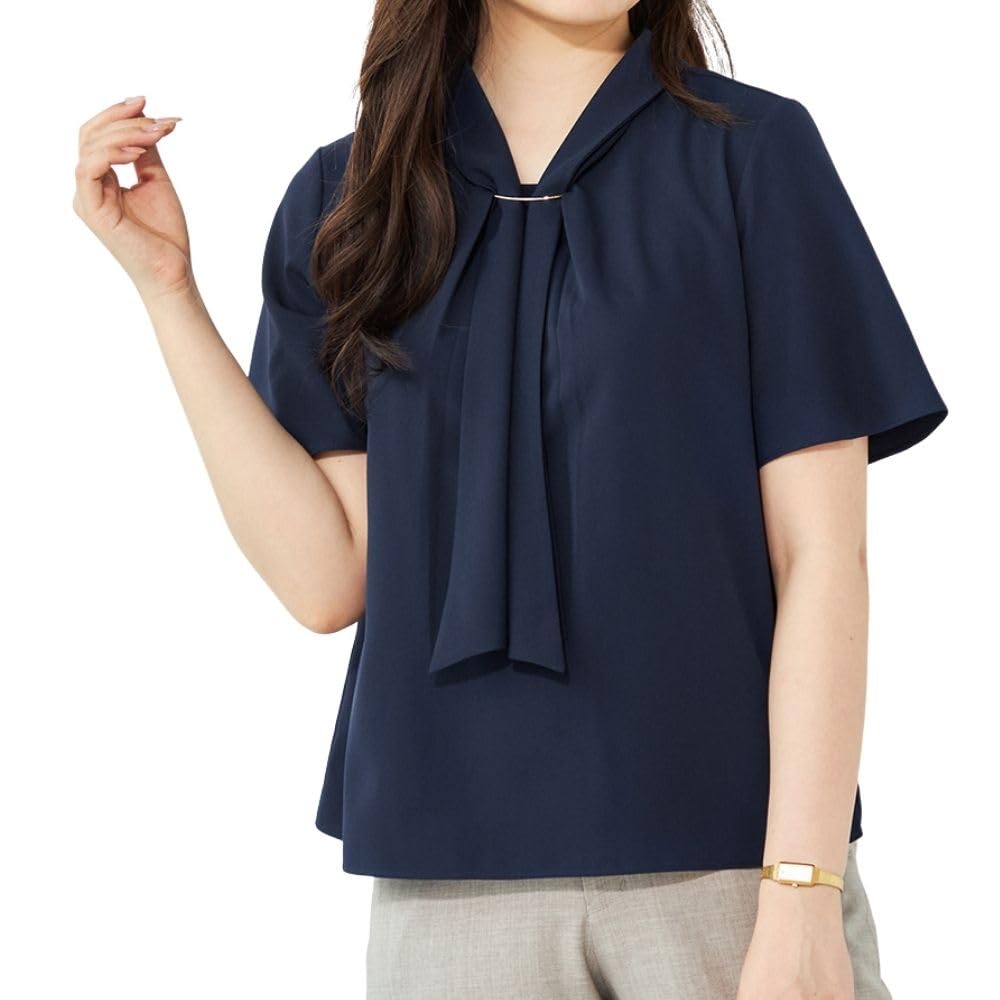 

Aoki Short Sleeve Blouse with Bow Ruffled Choice of Perfect for Commuting and Office Navy with Removable Bow Tie Tie, Frills, Cool-to-the-Touch