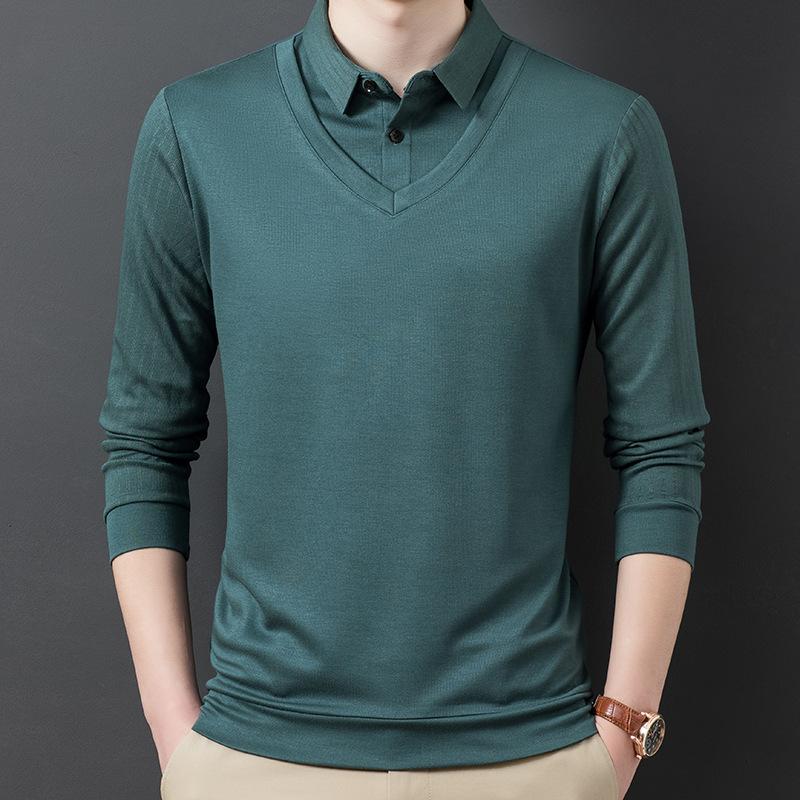 Frühling und Herbst Neues Fake-Zweiteiler Herren T-Shirt Mittelalterlich Lässig Papa Poloshirt Dünnes Revers Gestreiftes Unterteil