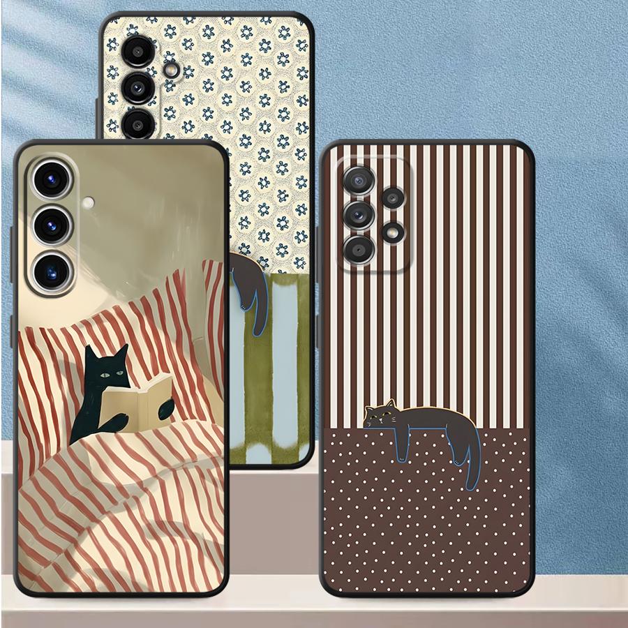 Case for Samsung Galaxy A57 A24 A53 A35 A55 A73 A51 A25 A37 A22 A32 A26 A23 A52 A36 Phone Cover A71 A72 Cartoon Grid Cat