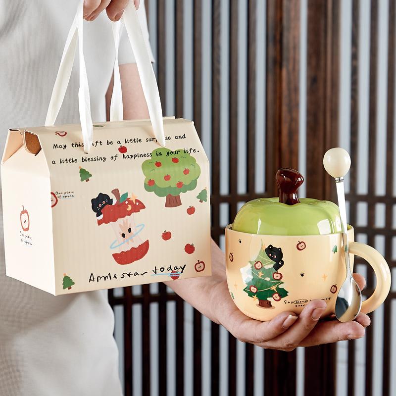 Apple Ceramic Cup Household Water Cup  High Appearance Level  Mug Lid  Spoon Christmas Souvenir Cup Gift Box