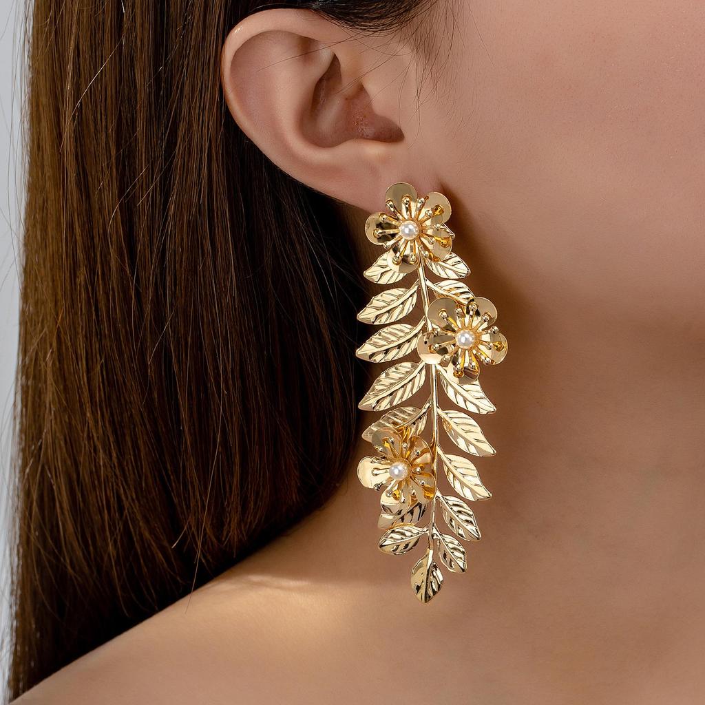 Trendy Cross-Border Floral Long Dangle Earrings for Women - European and American Heavy Industry Style