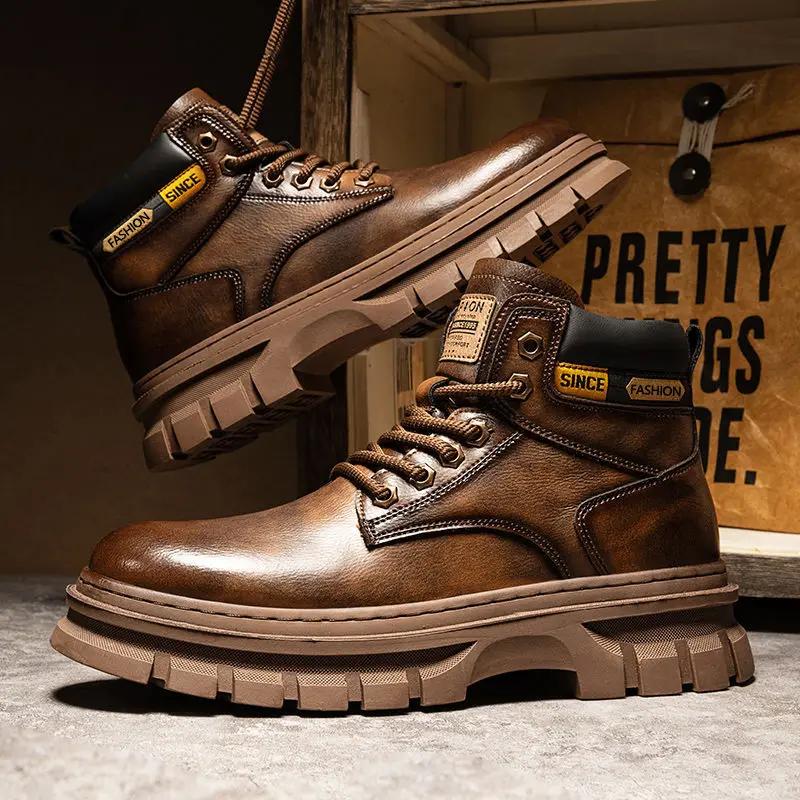 Fashion Men's Leather Boots Brand Retro Platform Sneakers Comfortable Boots for Men High Top Non Slip Shoes Business Work Shoes