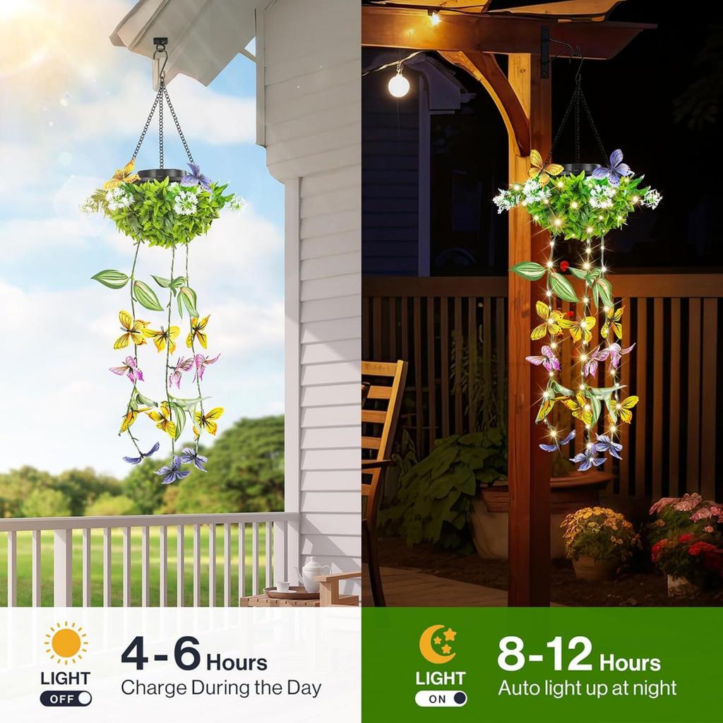 Outdoor Solar Butterfly Hanging Lantern Decorative Garden Plant Light Landscape Hanging Lamp for Patio Balcony Yard Porch
