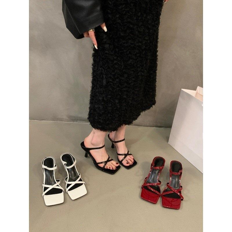 French temperament thin heel cool slippers fairy shoes 2025 new summer fashion black high heel sandals