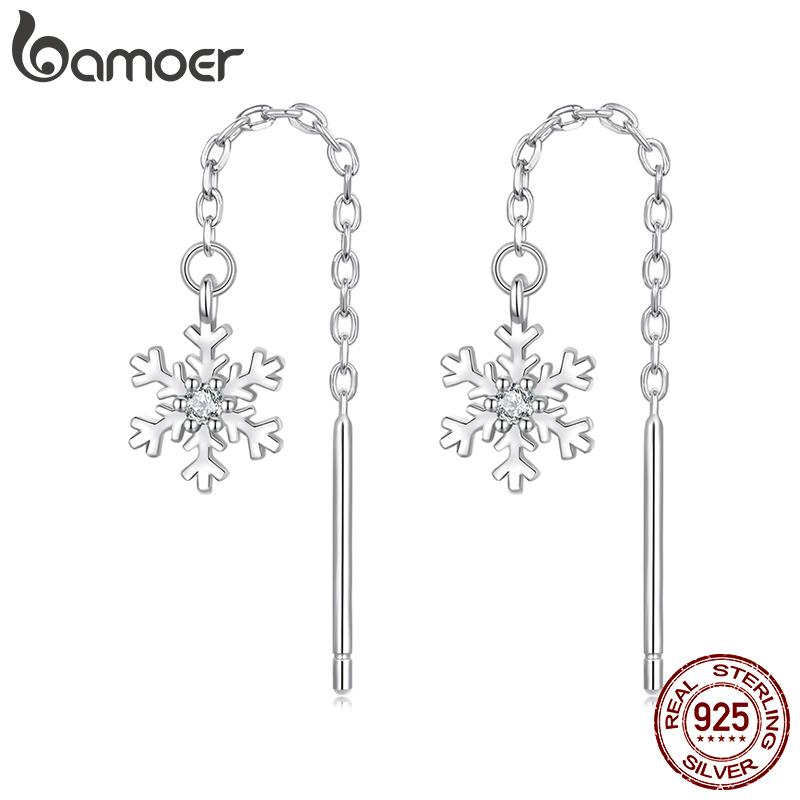 

BAMOER 925 стерлингового серебра снежинка капли висячие серьги для женщин подростков элегантные длинные висячие серьги кисточка продеватель 4.0*0.65cm серебряный