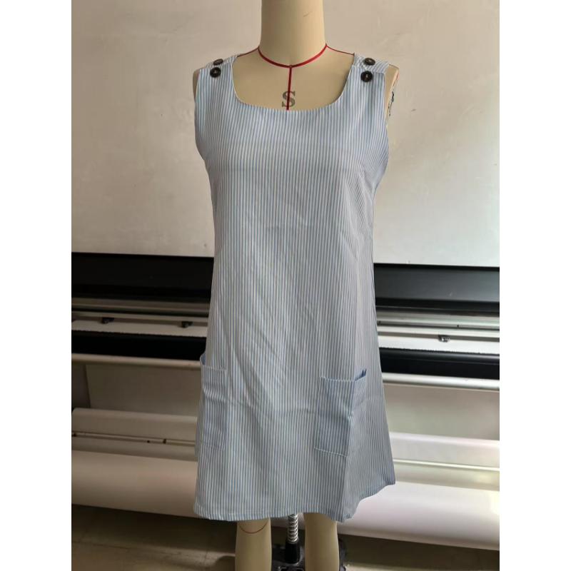 Women's Summer Striped Sleeveless Mini Dress Round Neck Button Shoulder Strap Pocketed Casual Beach Vacation Sundress