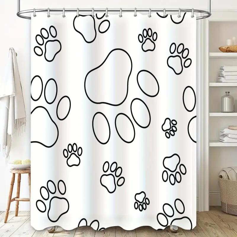 Footprint Shower Curtain Black White Dog Paw Design For Bathroom Decorations