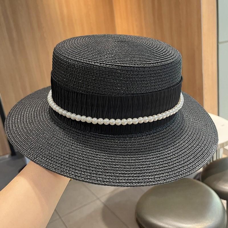 Summer Straw Hat With Pearl Chain And Wide Brim For Beach Sun Protection