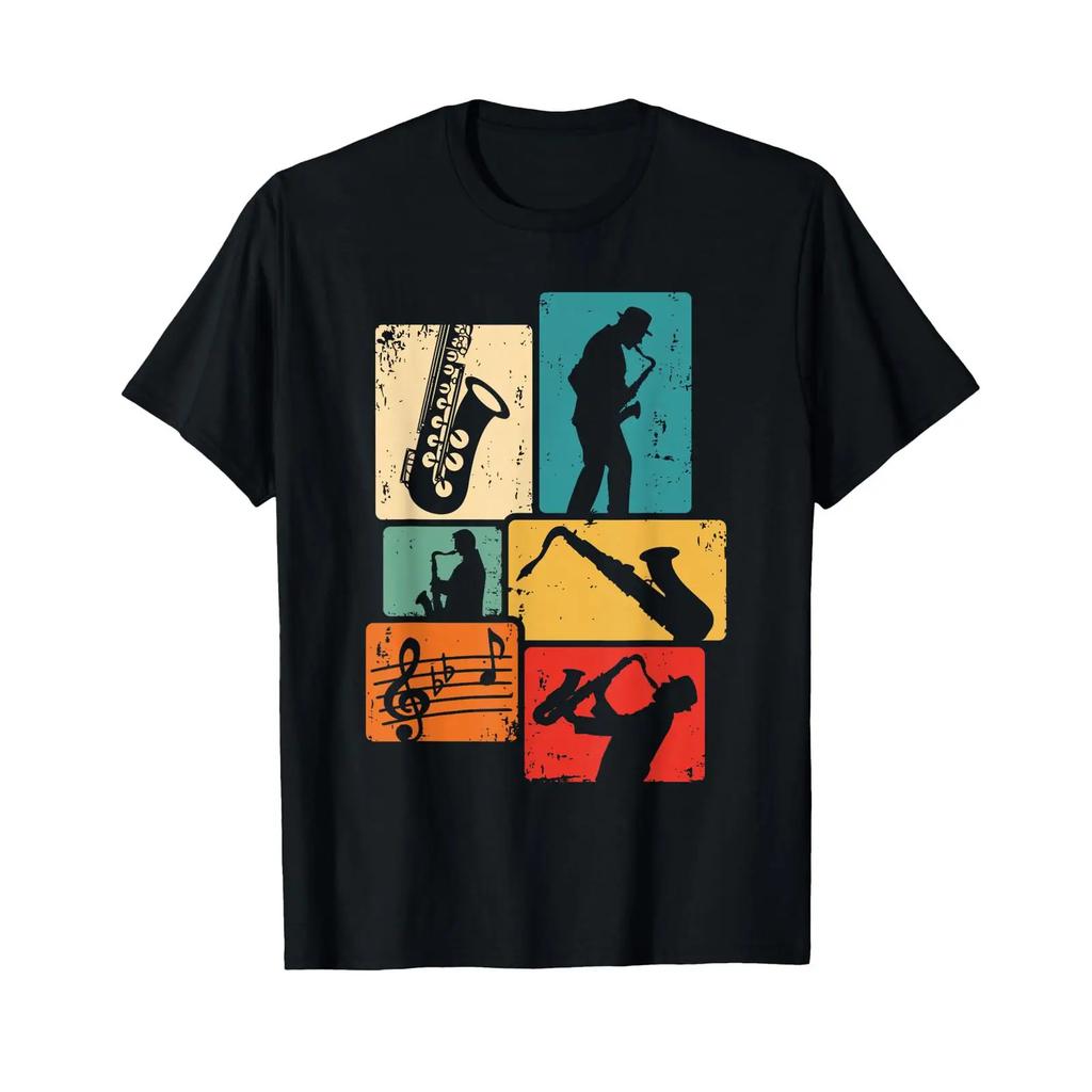 Saxophonist Musician Saxophone Retro T Shirt Black Vintage Casual Stretched Streetwear Top For Everyday Wear Versatile