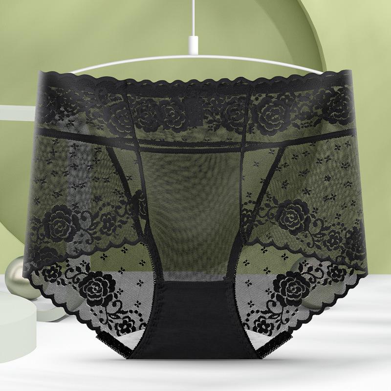 French Sexy Lace Women's Hip Lifting Underwear Mid High Waist Plus Size Seamless Mesh Antibacterial Cotton Triangle Pants