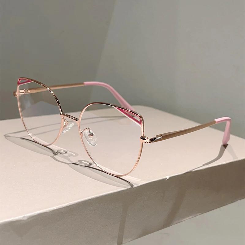 Oversized Cat Eye Glasses Women New Vintage Metal Rim Blue Light Blocking Eyeglasses Trendy Fashion Design Optical Frames
