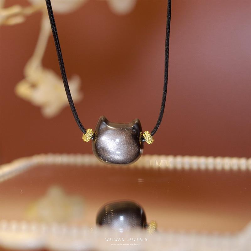 

Original natural silver obsidian cat head necklace collarbone chain Luna Cat One