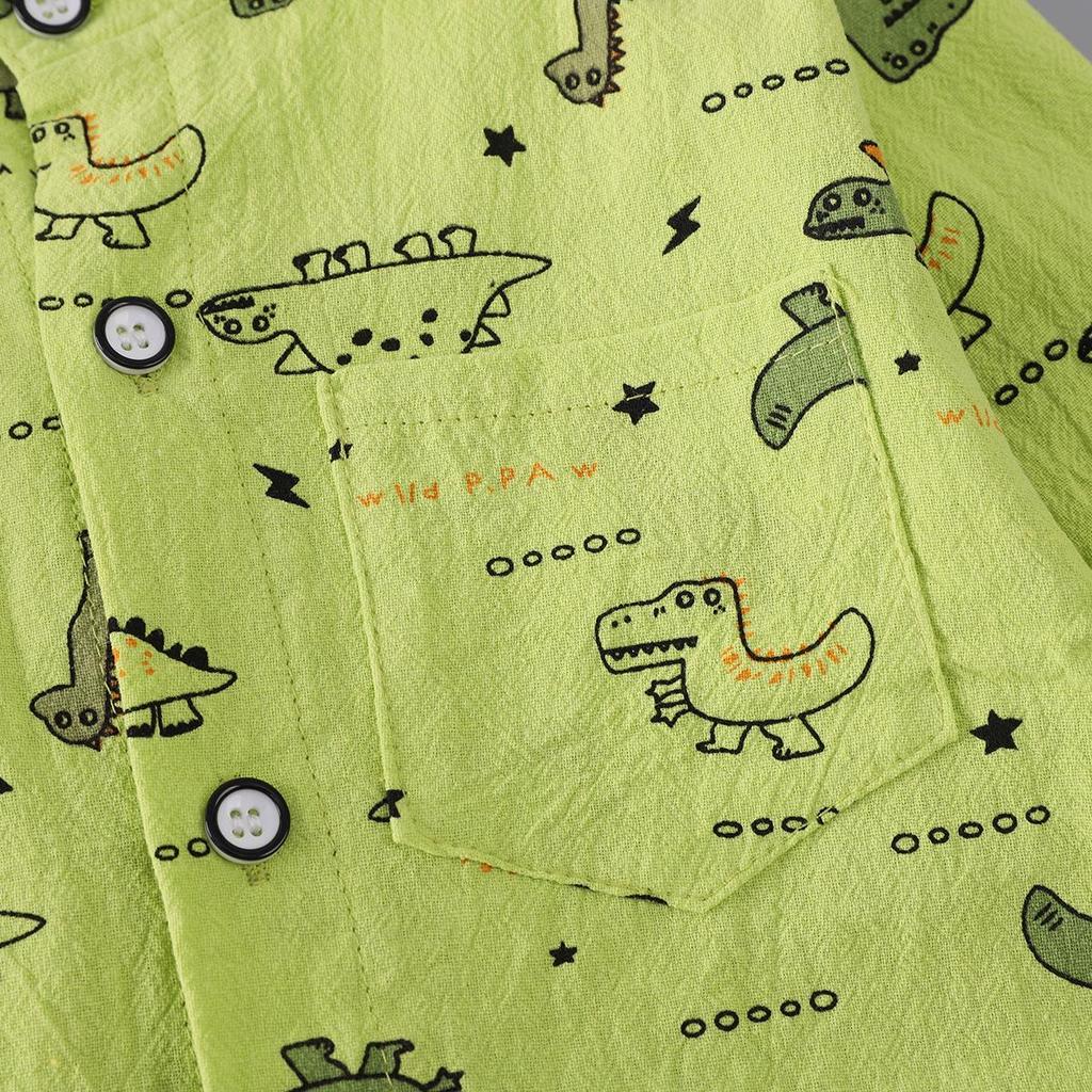 Boys' Dinosaur Print Two-Piece Set: Lapel Long Sleeve Top & Elastic Denim Pants