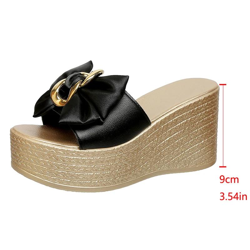 White Satin Bowknot Chunky Platyform Sandals for Women Chain Decor Wedge Heel Sandals Woman Thick Bottom Summer Slippers