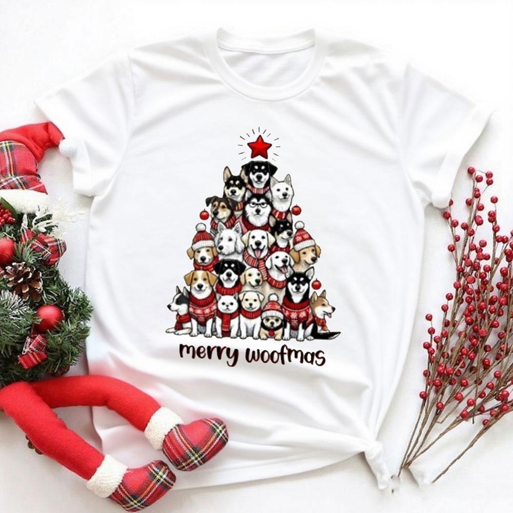 Merry Woofmas Christmas T-Shirt Festive Dog Tree Printed Tee Comfortable Personality Sweatshirt Women Tops M