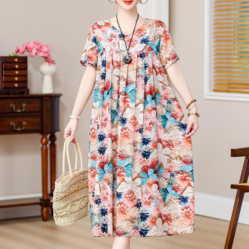 

Длинное винтажное платье с принтом оверсайз для женщин, элегантное свободное платье больших размеров с короткими рукавами, летняя повседневная женская одежда среднего возраста 5XL