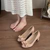 Daily with bow, light mouth single shoes, high heels, spring and autumn nude skirt, round head, gentle wind thick heel