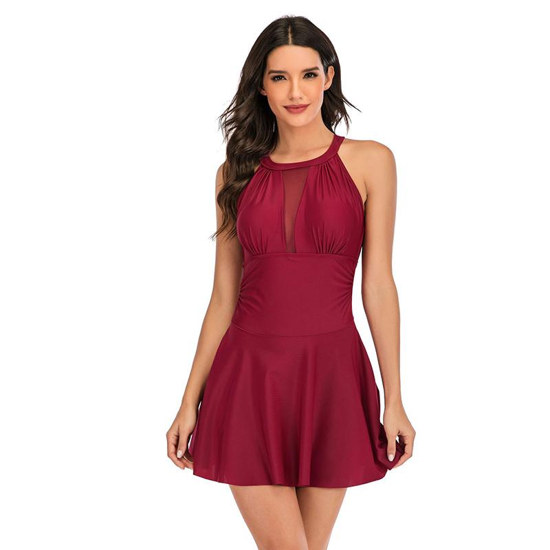 Women One Piece Swimsuit with Shorts Slim Mesh Hollow Out Design Solid Color Swimwear