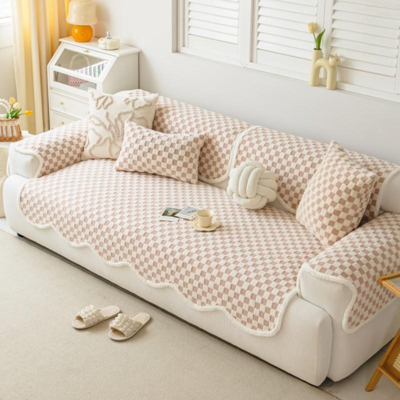 Plush Thicken Fringed Loveseat Pad Sitting Mat Minimal Balcony Mattress Special shaped Tatami Couch Protector Gentle Plaid Pattern Domestic Styling