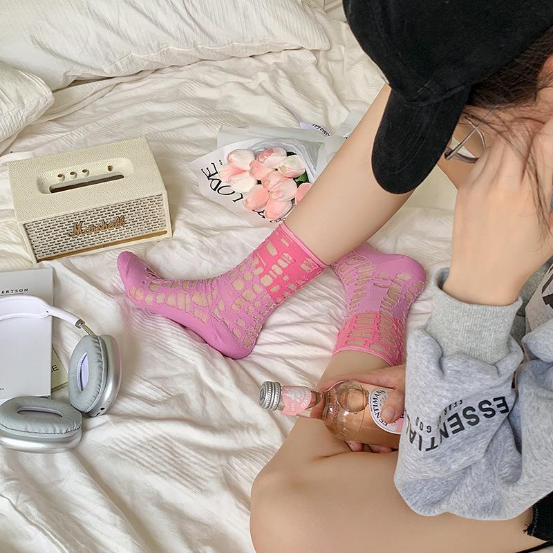 Contrast Splicing Torn Holes Beggar'S Hollow Mesh Socks Summer Breathable Glass Silk Tube Socks Thin Piles Of Socks