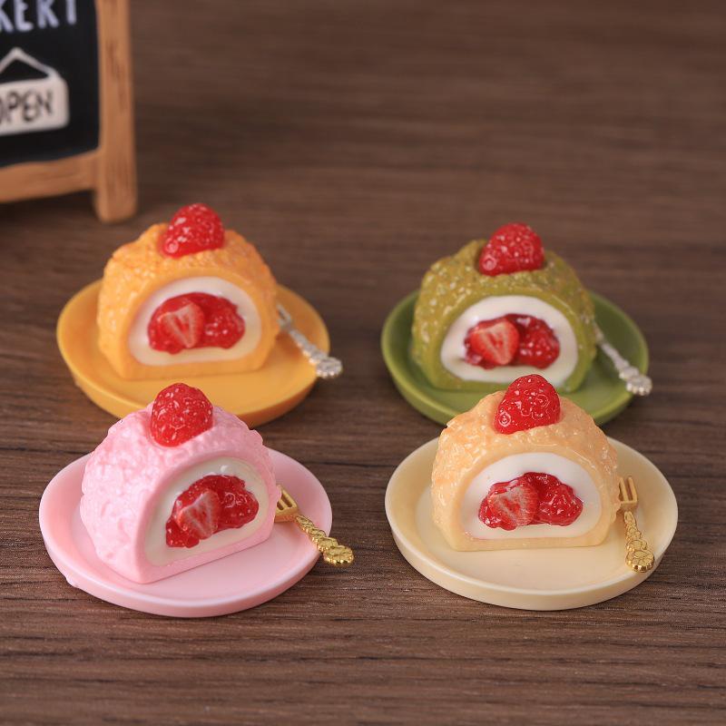 Miniature Strawberry Cream Cake Dollhouse Ornament Keychain Pendant Resin Accessory.