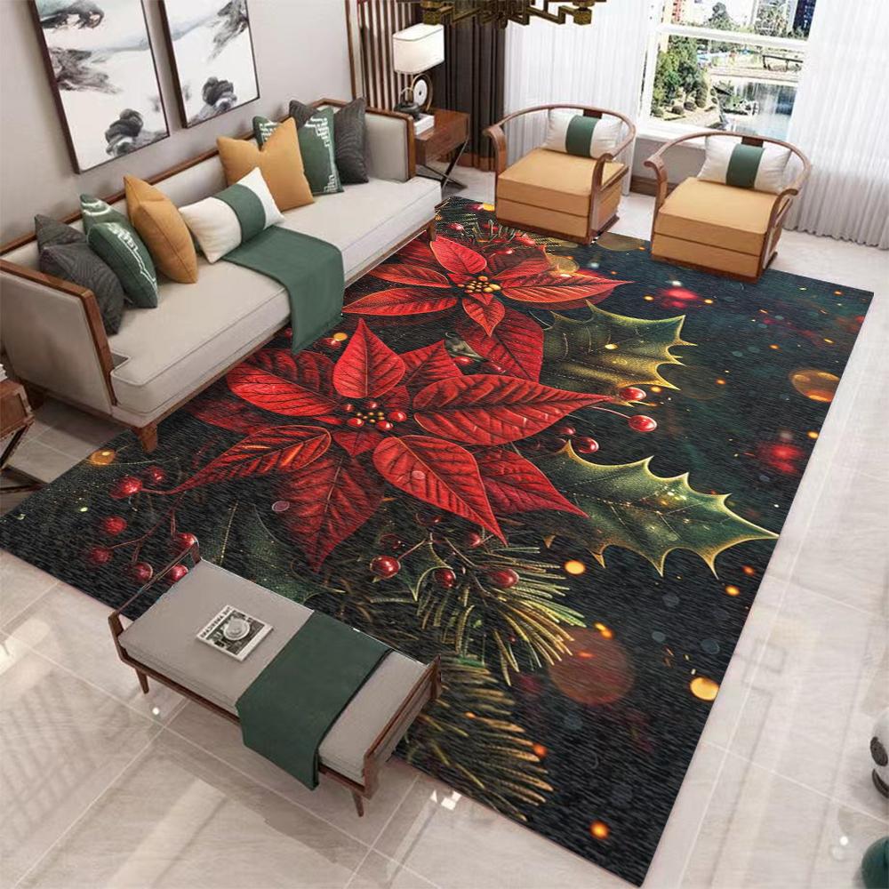Poinsettia Area Rug Christmas Art Deco Style, Holiday Home Decor Rugs for Bedroom Living Room Winter Carpet for Dining Room