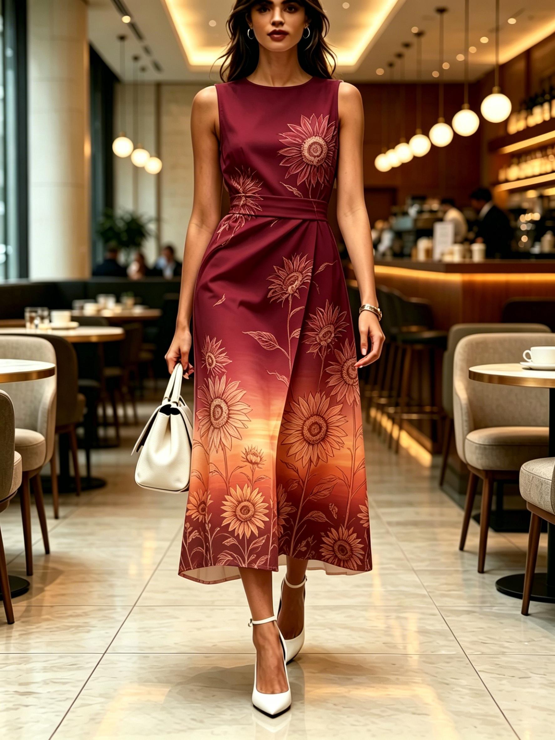 

Round neck sleeveless midi dress with sunflower print pattern gradient red orange modern elegant casual fashionable womens clothing XXS