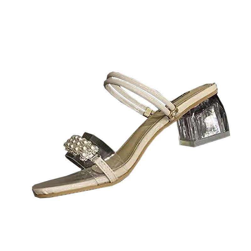Rhinestone transparent thick-heeled slippers women's summer wear 2025 new fashion fairy temperament French sandals one-word sandals