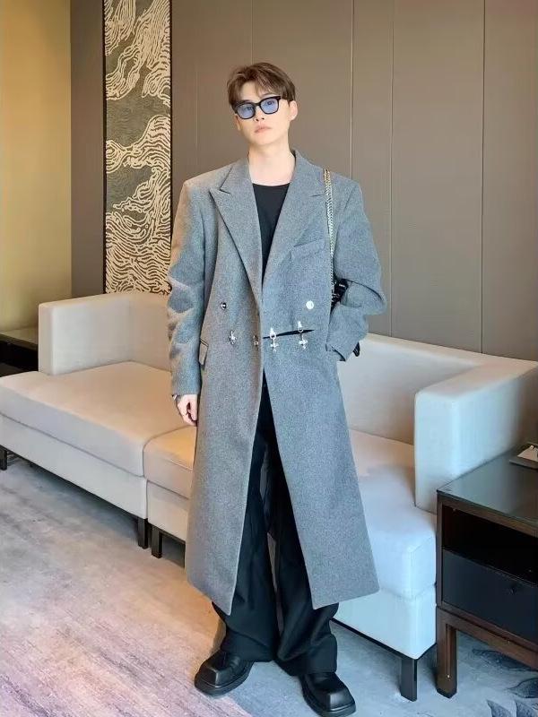 Men's Autumn/Winter 2025 Trendy Woolen Lapel Trench Coat - Scruffy Cool Mid-Length Outerwear