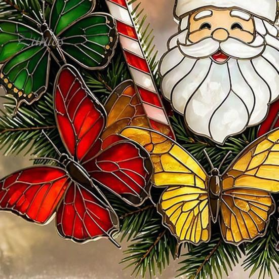 Bathroom Glass Decoration Christmas Wreath Window Sticker, Stained Style, Removable Santa Butterfly Candy Static Clings Cane Decal, PVC Cling for Home