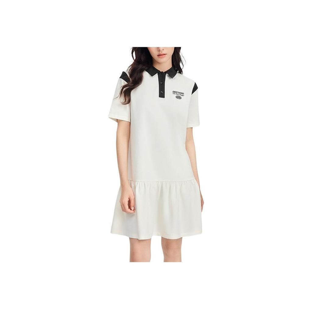 Skechers Sport Life Series Logo Letter Comfortable Polo Collar Short Sleeve Dress Women dresses Cotton-Candy-White L225W120-0074