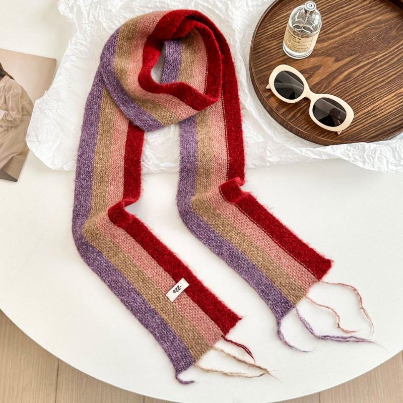 Knitted scarf winter new rainbow stripes dopamine contrasting color warm wool scarf thin and narrow fringed scarf
