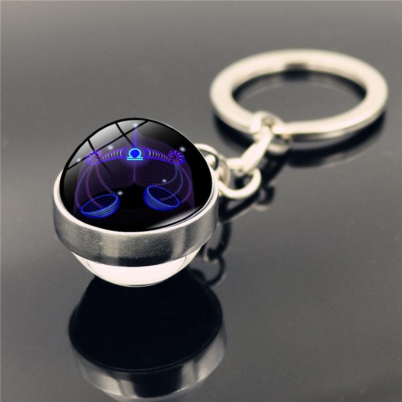 Fashion 12 Constellation Keychain Double Side Glass Cabochon Ball Keychain Zodiac Signs Key Rings Jewelry for Women Men Gift