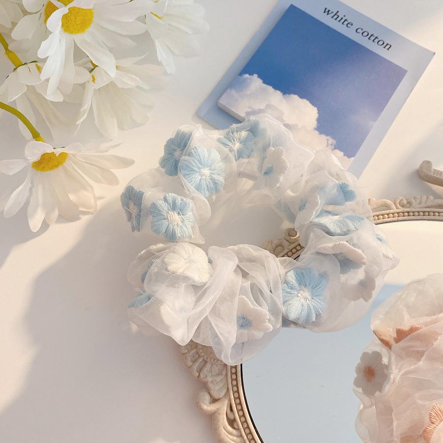 

Romantic Pink Blue Sweet Embroidered Flower Scrunchies Ponytail Holder Organza Mesh Hair Ropes Ties Young Girls Hairbands