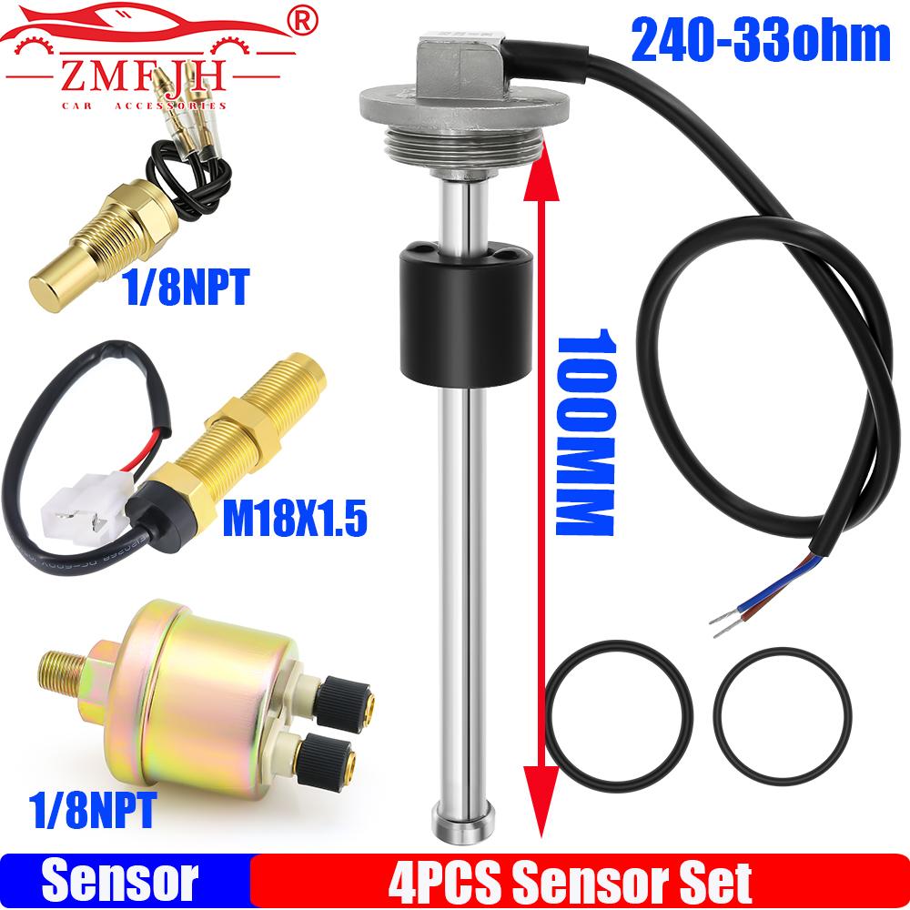 ZMFJH 100-575MM Fuel Level Sensor 240-33ohm Oil Pressure Sensor 1/8NPT Water Temp Sensor 10MM Tacho Sensor M18X1.5 Sensor Set 100MM
