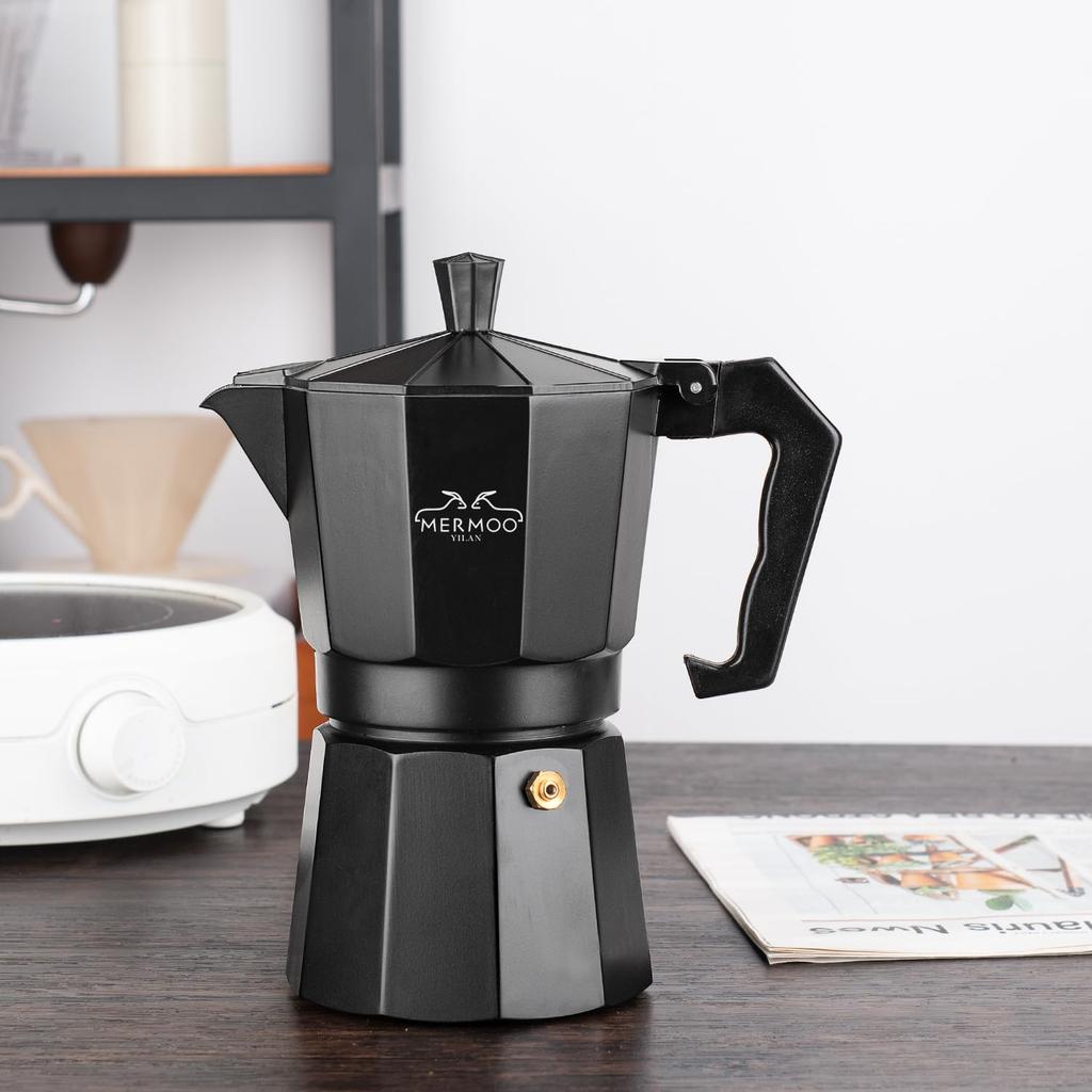 MERMOO YILAN Espresso kávovar Direct Fire 6 šálků 300 ml Černá moka konvička hliníkový kávovar Venkovní kávovar na espresso