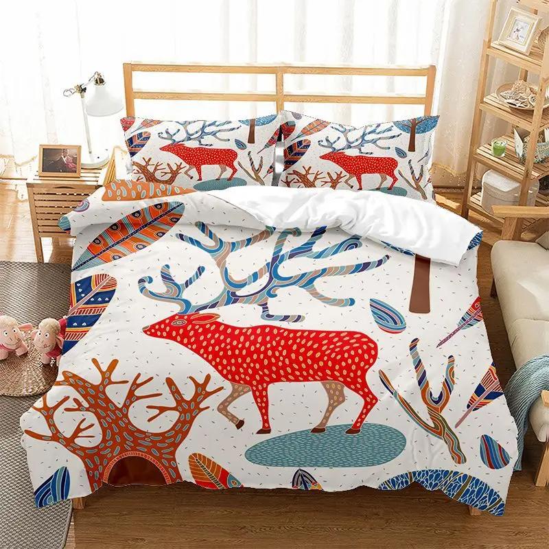 Christmas Elk Duvet Cover Set King Queen Full Twin Size Soft Christmas Trees Snowflake Decor Holiday Bedding Set Comforter Cover