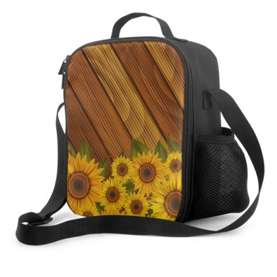 Sonnenblumen und Blätter auf Holzbrett Isolierende Thermische Lunchtaschen Waschbare Tragetasche Umhänge-Lunchbehälter für Schule Reisen