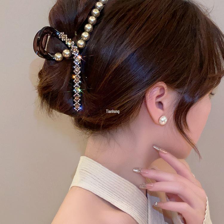 Korean Style Pearl & Rhinestone Hair Clip - Luxury Sparkling Shark Clip for Updo