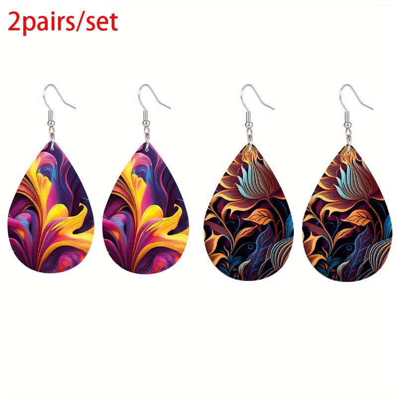 Fashion Color PU Faux Leather Earrings for Women Double-sided Print Abstract Flower Leather Pattern Tears Earrings Elegant Trendy Earrings Jewelry