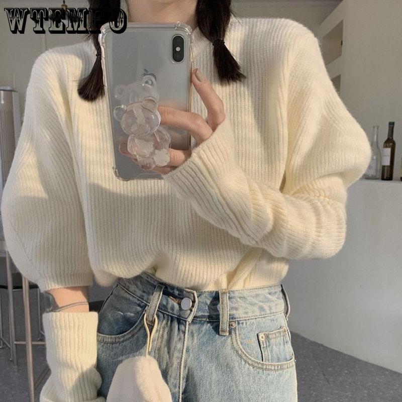 WTEMPO Female Elegant Spring Knitted Pullovers Women Casual Long Sleeve Sweaters Korean Y2K Long Sleeve Solid Casual Jumpers