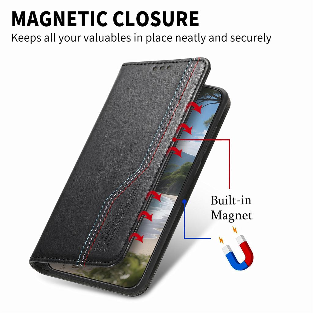 For iPhone 17 Pro Case Wallet Tri-Color Stitching Leather Phone Cover with Elastic Wristband