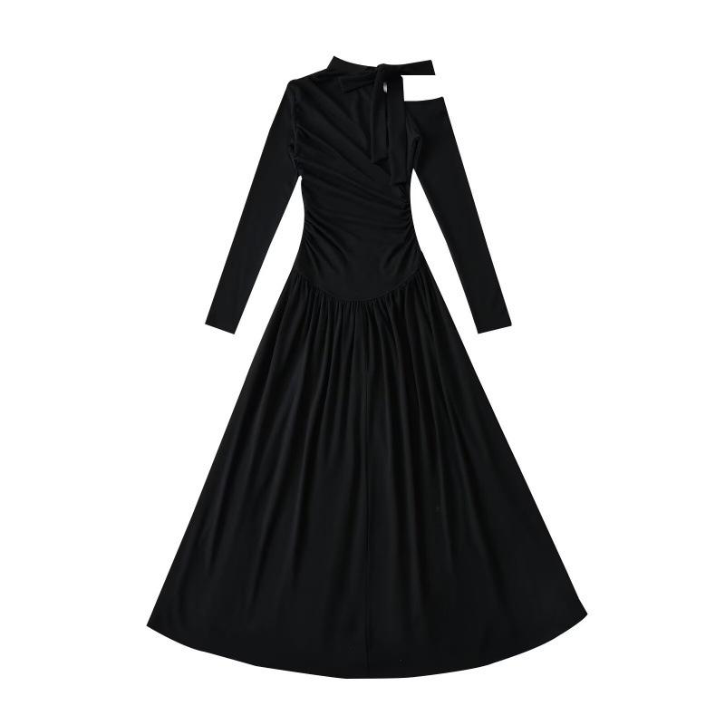 

2025 Autumn Irregular Open-Back Pleated Hem Dress for Europe and America Medium чёрный
