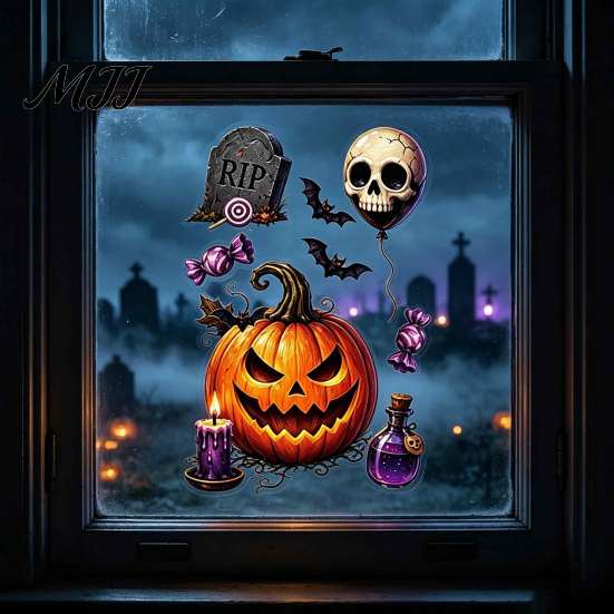 Decorative Vampire Clings Halloween Static Window Clings, Pumpkin Ghost Mummy Cartoon Decals, Easy Paste Art Self-Adhesive for Glass Door Mirror Shop